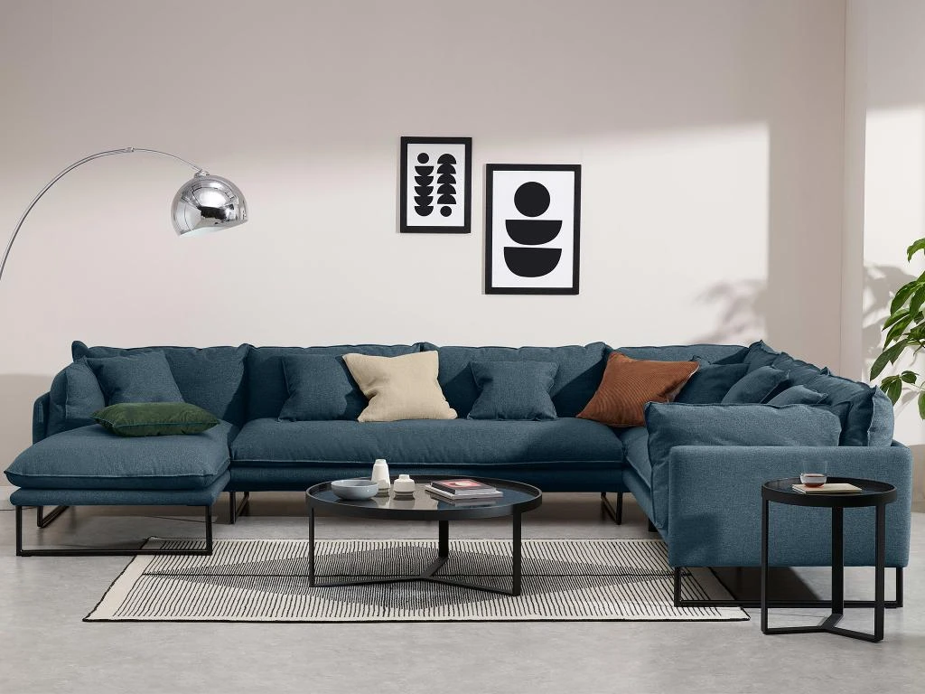 Canapé D'angle Panoramique En Tissu Bleu LESPI 1 Canapé D'angle Panoramique En Tissu Bleu LESPI