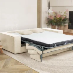 Canapé 3 Places Convertible Express En Velours Côtelé Beige AMELIA - Couchage 140 Cm - Matelas 14 Cm Avec Mémoire De Forme DUNLOPILLO -Promos Chesteris Boutique canape 14290265