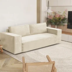 Canapé 3 Places Convertible Express En Velours Côtelé Beige AMELIA - Couchage 140 Cm - Matelas 14 Cm Avec Mémoire De Forme DUNLOPILLO