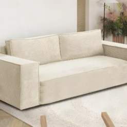 Canapé 3 Places Convertible Express En Velours Côtelé Beige AMELIA - Couchage 140 Cm - Matelas 14 Cm Avec Mémoire De Forme DUNLOPILLO -Promos Chesteris Boutique canape 14290277