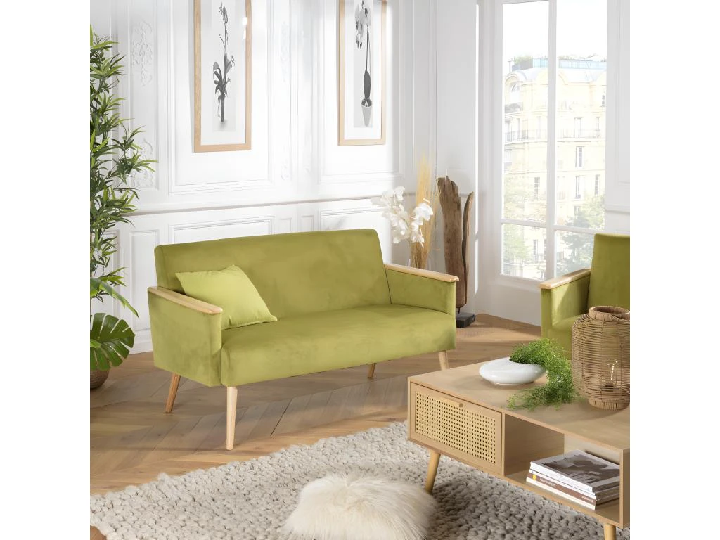 ALBANE - Canapé 2 Places Velours Vert Clair Pieds Et Accoudoirs Bois 2 ALBANE - Canapé 2 Places Velours Vert Clair Pieds Et Accoudoirs Bois – Image 2