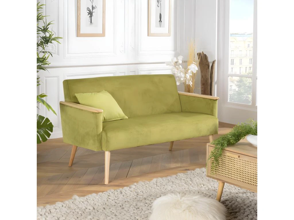 ALBANE - Canapé 2 Places Velours Vert Clair Pieds Et Accoudoirs Bois 4 ALBANE - Canapé 2 Places Velours Vert Clair Pieds Et Accoudoirs Bois – Image 4