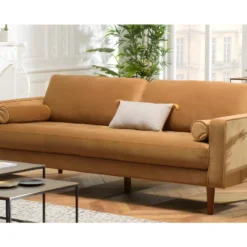 NOE - Canapé MADRID 3 Places Tissu Couleur Camel Pieds Bois