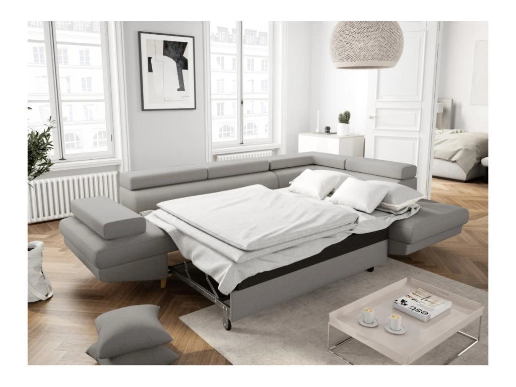 Canapé D'angle Droit Convertible RIO Scandinave Avec Coffre En Tissu - Gris Clair, Pieds Bois 2 Canapé D'angle Droit Convertible RIO Scandinave Avec Coffre En Tissu - Gris Clair, Pieds Bois – Image 2