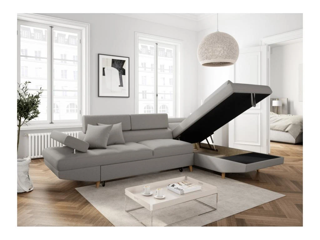 Canapé D'angle Droit Convertible RIO Scandinave Avec Coffre En Tissu - Gris Clair, Pieds Bois 3 Canapé D'angle Droit Convertible RIO Scandinave Avec Coffre En Tissu - Gris Clair, Pieds Bois – Image 3