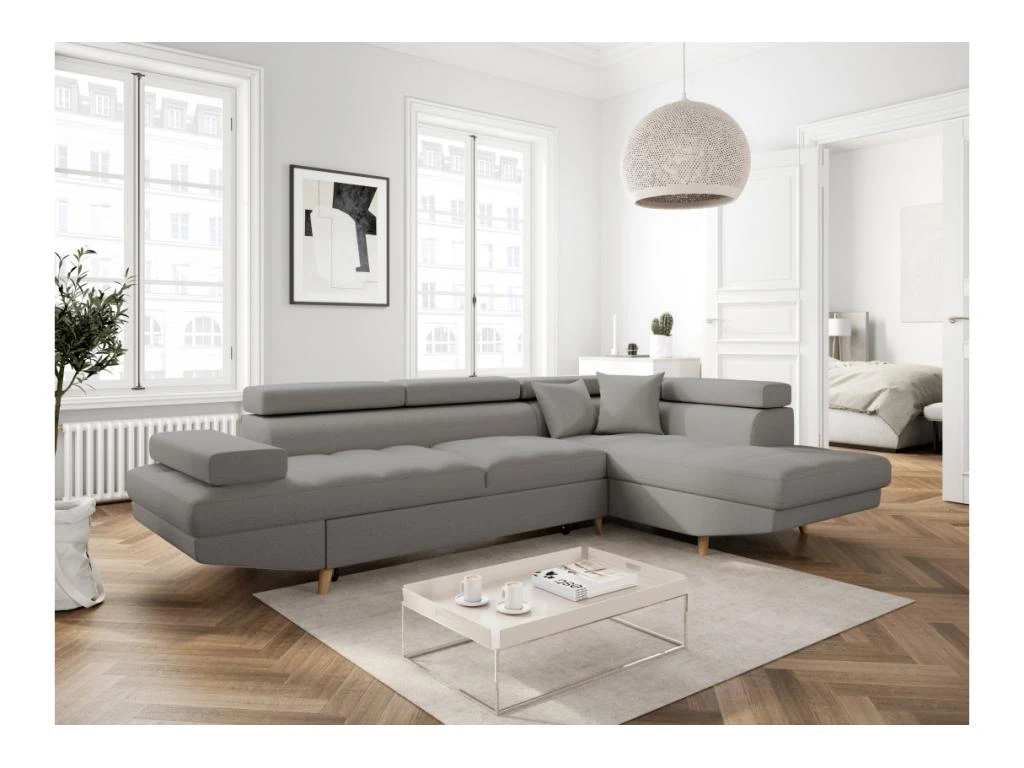 Canapé D'angle Droit Convertible RIO Scandinave Avec Coffre En Tissu - Gris Clair, Pieds Bois 4 Canapé D'angle Droit Convertible RIO Scandinave Avec Coffre En Tissu - Gris Clair, Pieds Bois – Image 4