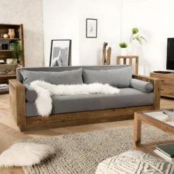 ANDRIAN - Canapé 3 Places Bois Pin Recyclé Marron Tissu Gris -Promos Chesteris Boutique canape 14649831