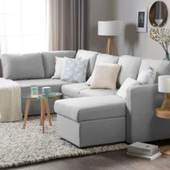 Canapé Panoramique Convertible 5 Places En Tissu Gris Clair KARRABO