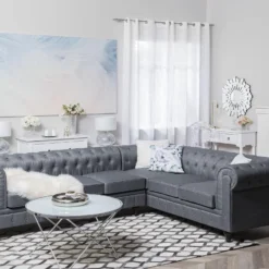 Canapé Angle à Gauche 6 Places En Tissu Gris Clair CHESTERFIELD