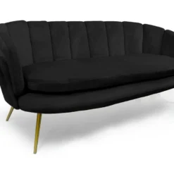 Canapé Style Coquillage 3 Places Brenda Velours Noir Pieds Or