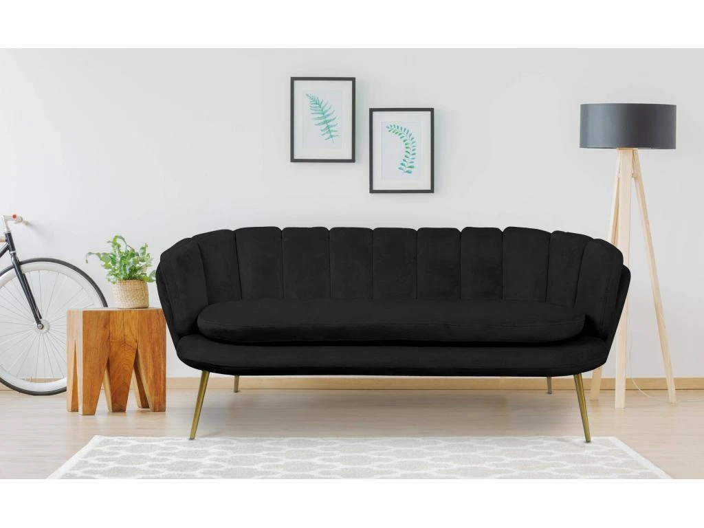 Canapé Style Coquillage 3 Places Brenda Velours Noir Pieds Or 5 Canapé Style Coquillage 3 Places Brenda Velours Noir Pieds Or – Image 5