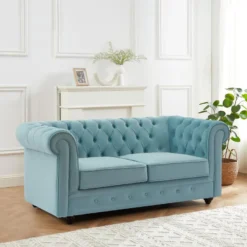Canapé 2 Places En Velours Bleu Pastel CHESTERFIELD