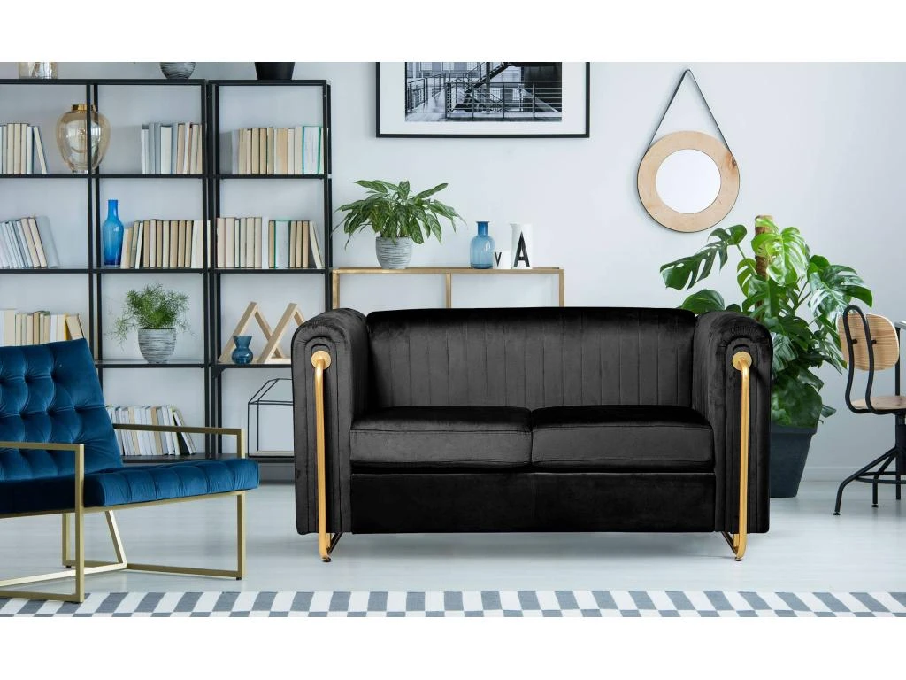 Canapé 2 Places Art Déco Edward Cadre En Métal Doré Et Velours Noir 5 Canapé 2 Places Art Déco Edward Cadre En Métal Doré Et Velours Noir – Image 5