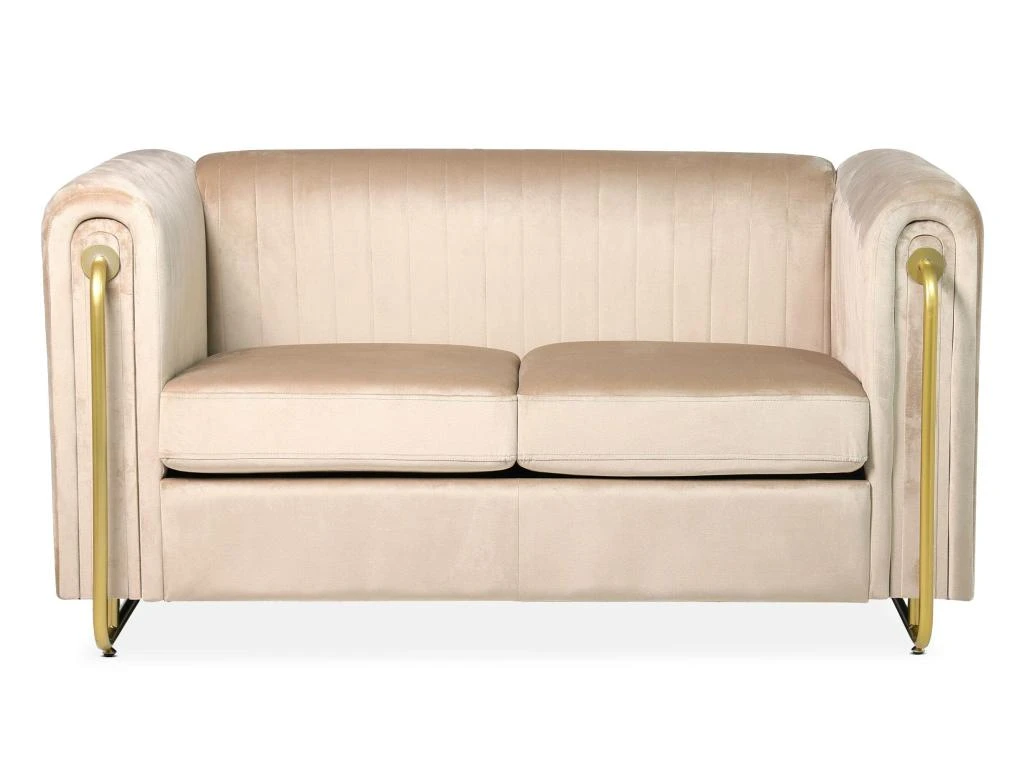 Canapé 2 Places Art Déco Edward Cadre En Métal Doré Et Velours Taupe Clair 2 Canapé 2 Places Art Déco Edward Cadre En Métal Doré Et Velours Taupe Clair – Image 2