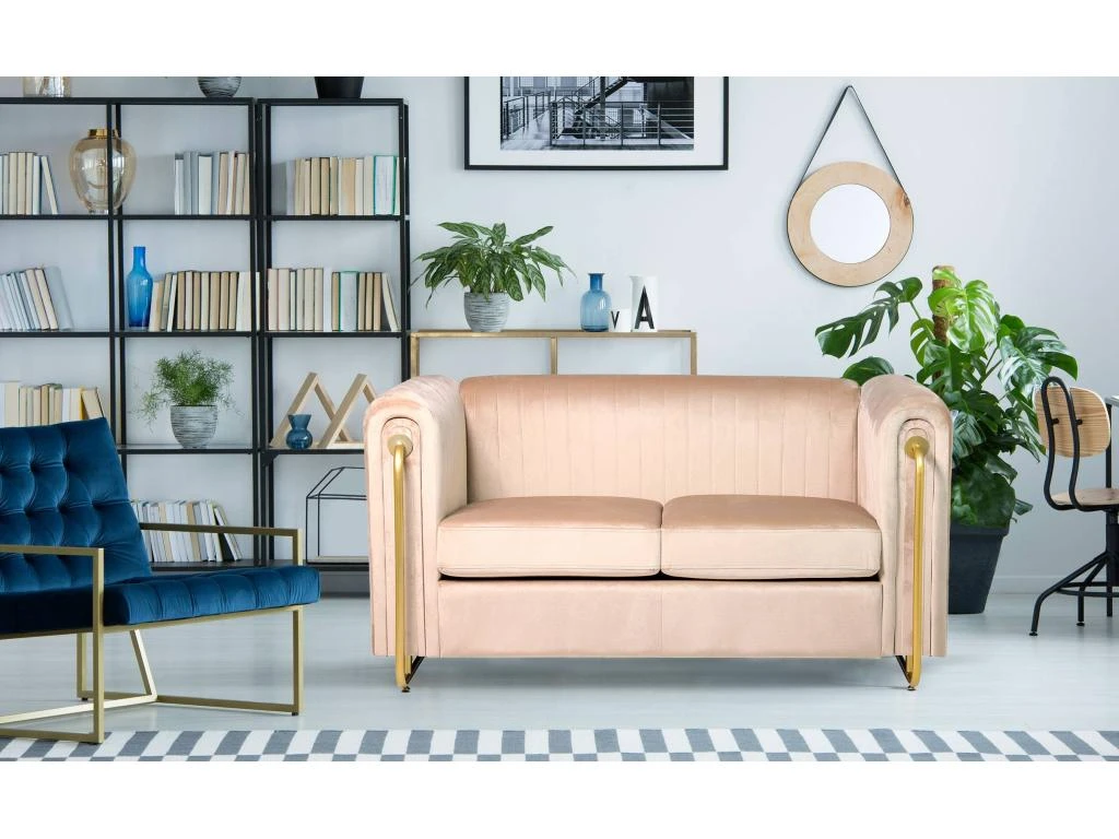 Canapé 2 Places Art Déco Edward Cadre En Métal Doré Et Velours Taupe Clair 5 Canapé 2 Places Art Déco Edward Cadre En Métal Doré Et Velours Taupe Clair – Image 5