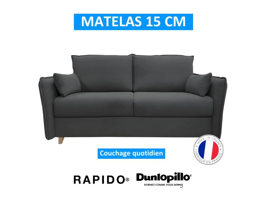 OLLIE Canapé Convertible 3 Places Noir Matelas Dunlopillo 140cm 3 OLLIE Canapé Convertible 3 Places Noir Matelas Dunlopillo 140cm – Image 3