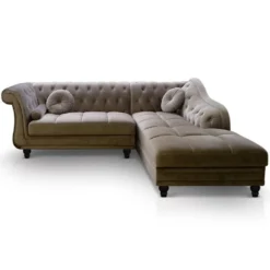 Canapé D'angle Brittish Velours Taupe Style Chesterfield