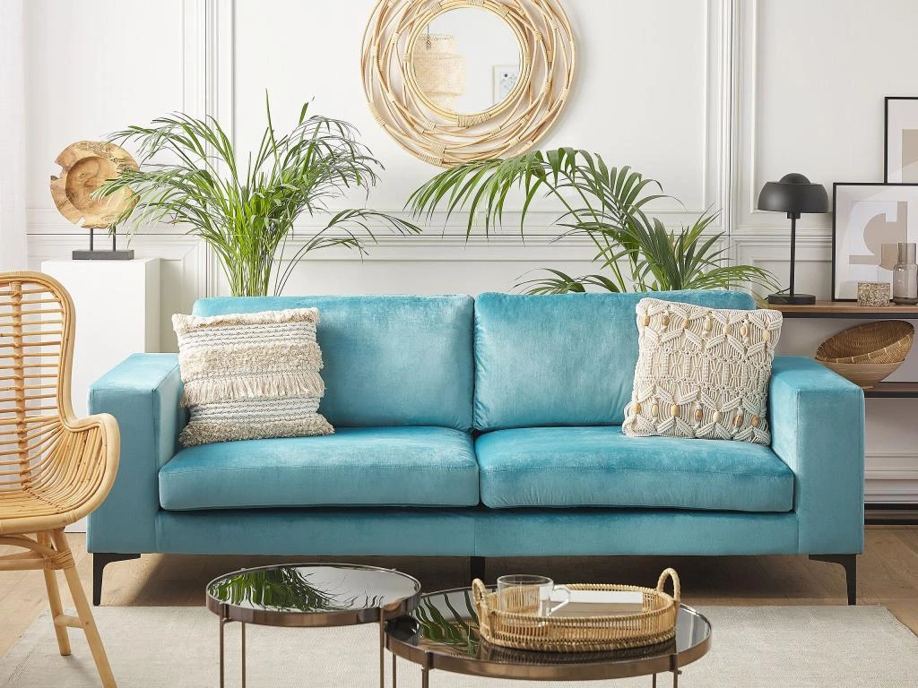 Canapé 3 Places En Velours Bleu Clair VADSTENA 2 Canapé 3 Places En Velours Bleu Clair VADSTENA – Image 2