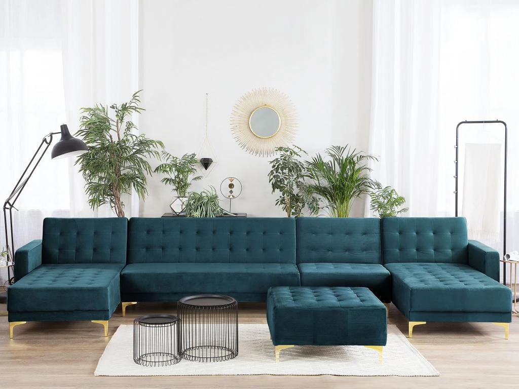 Canapé Panoramique Convertible En Velours Bleu Paon 6 Places ABERDEEN 2 Canapé Panoramique Convertible En Velours Bleu Paon 6 Places ABERDEEN – Image 2
