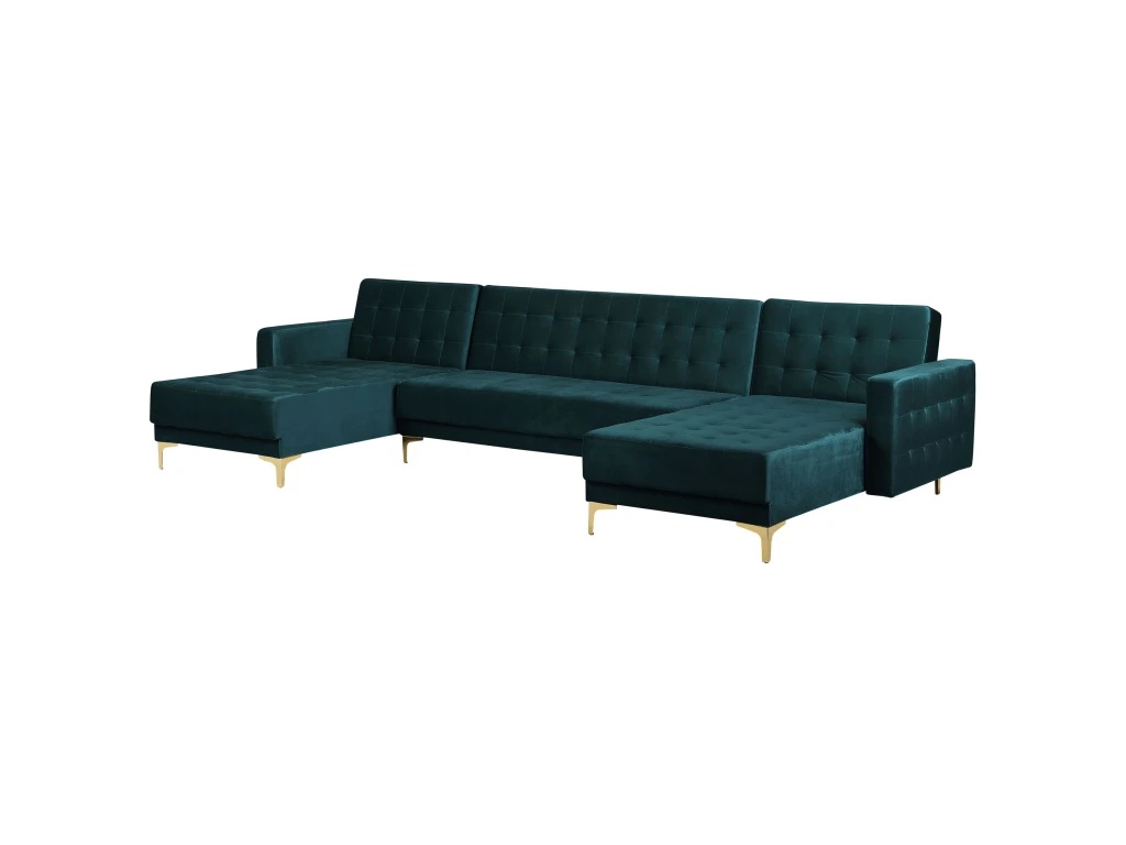 Canapé Panoramique Convertible En Velours Bleu Paon 5 Places ABERDEEN 4 Canapé Panoramique Convertible En Velours Bleu Paon 5 Places ABERDEEN – Image 4