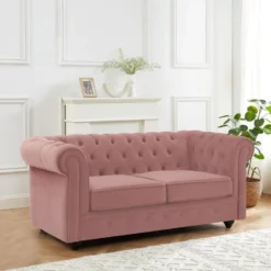 Canapé 2 Places En Velours Rose Pastel CHESTERFIELD