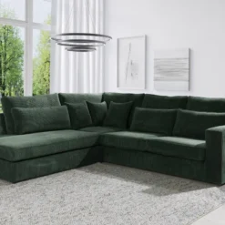 Grand Canapé D'angle Gauche En Velours Côtelé Vert MONDOVI
