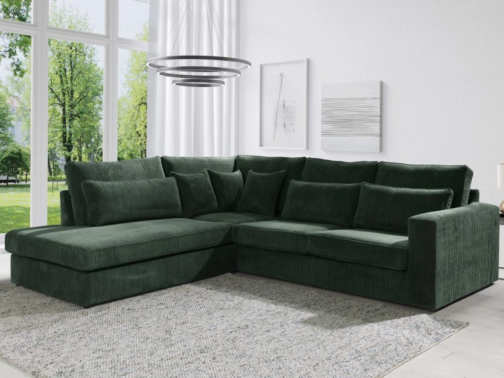 Grand Canapé D'angle Gauche En Velours Côtelé Vert MONDOVI 1 Grand Canapé D'angle Gauche En Velours Côtelé Vert MONDOVI
