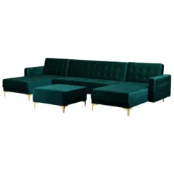 Canapé Panoramique Convertible En Velours Bleu Paon 5 Places Avec Pouf ABERDEEN -Promos Chesteris Boutique canape 17911725