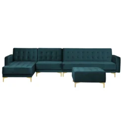 Canapé Angle Droit Convertible En Velours Bleu Paon 5 Places Avec Pouf ABERDEEN