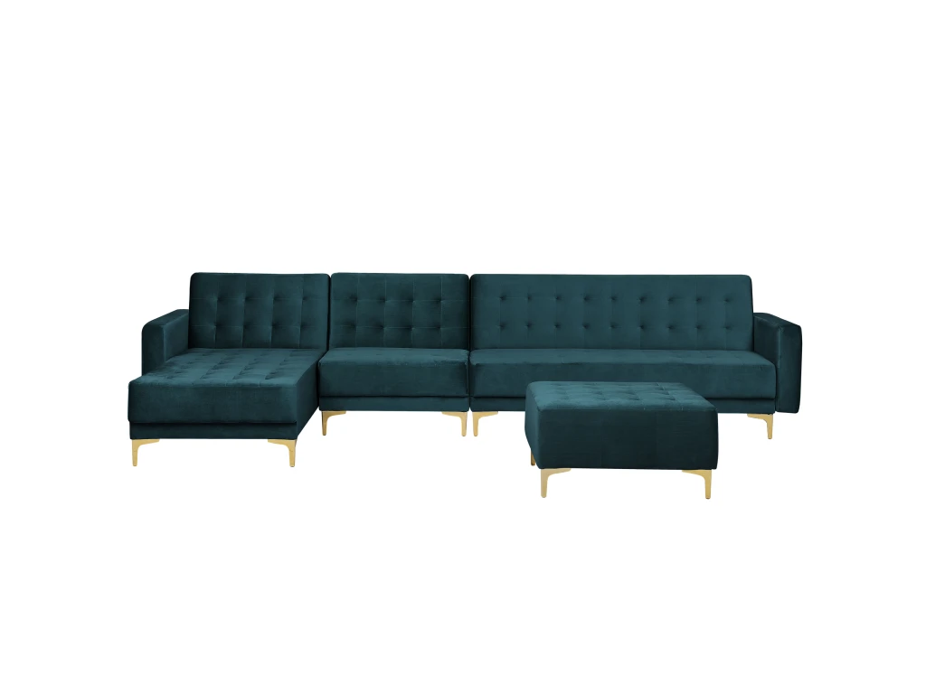 Canapé Angle Droit Convertible En Velours Bleu Paon 5 Places Avec Pouf ABERDEEN 1 Canapé Angle Droit Convertible En Velours Bleu Paon 5 Places Avec Pouf ABERDEEN