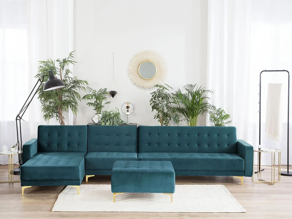 Canapé Angle Droit Convertible En Velours Bleu Paon 5 Places Avec Pouf ABERDEEN 2 Canapé Angle Droit Convertible En Velours Bleu Paon 5 Places Avec Pouf ABERDEEN – Image 2