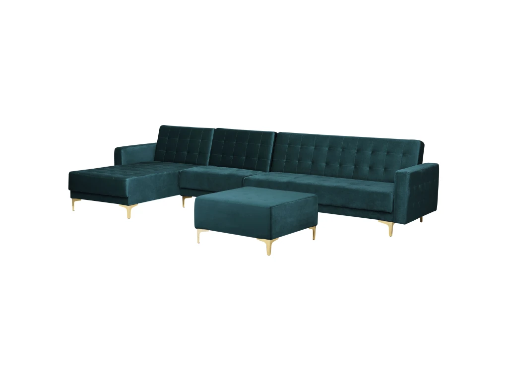 Canapé Angle Droit Convertible En Velours Bleu Paon 5 Places Avec Pouf ABERDEEN 5 Canapé Angle Droit Convertible En Velours Bleu Paon 5 Places Avec Pouf ABERDEEN – Image 5