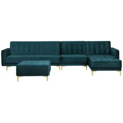 Canapé Angle Gauche Convertible En Velours Bleu Paon 5 Places Avec Pouf ABERDEEN