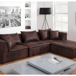 Canapé Modulable En Microfibre Aspect Cuir Vieilli DALLAS - Marron