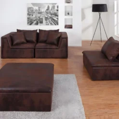 Canapé Modulable En Microfibre Aspect Cuir Vieilli DALLAS - Marron -Promos Chesteris Boutique canape 180894
