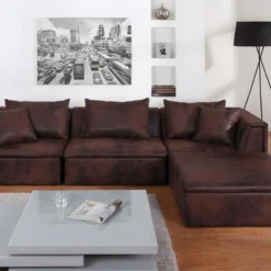 Canapé Modulable En Microfibre Aspect Cuir Vieilli DALLAS - Marron -Promos Chesteris Boutique canape 180895
