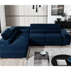 Canapé D'angle Convertible - LARRY VELOURS - En Tissu Luxe Bleu, 5 Places, Angle Gauche (vu De Face)