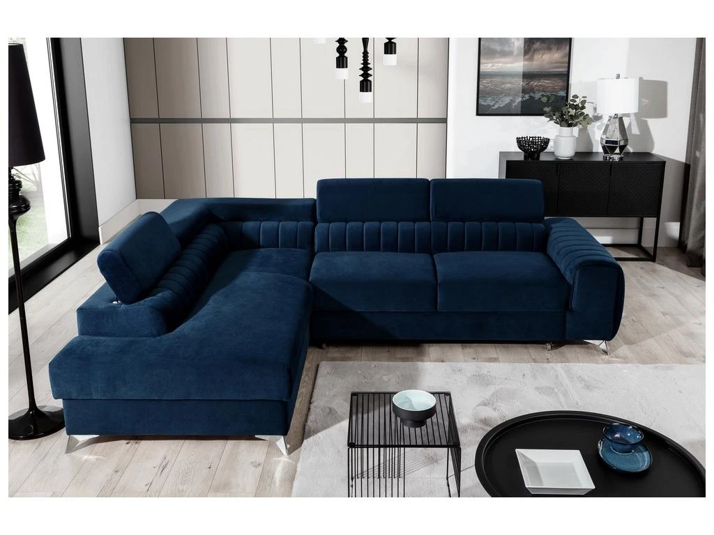 Canapé D'angle Convertible - LARRY VELOURS - En Tissu Luxe Bleu, 5 Places, Angle Gauche (vu De Face) 1 Canapé D'angle Convertible - LARRY VELOURS - En Tissu Luxe Bleu, 5 Places, Angle Gauche (vu De Face)