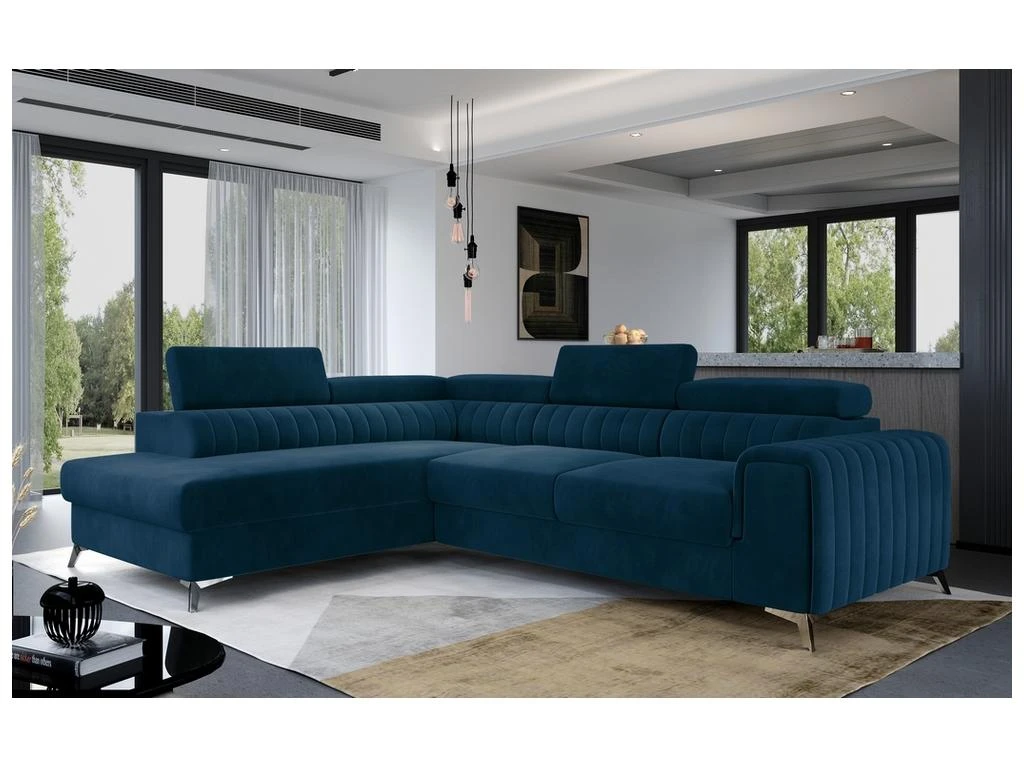 Canapé D'angle Convertible - LARRY VELOURS - En Tissu Luxe Bleu, 5 Places, Angle Gauche (vu De Face) 2 Canapé D'angle Convertible - LARRY VELOURS - En Tissu Luxe Bleu, 5 Places, Angle Gauche (vu De Face) – Image 2