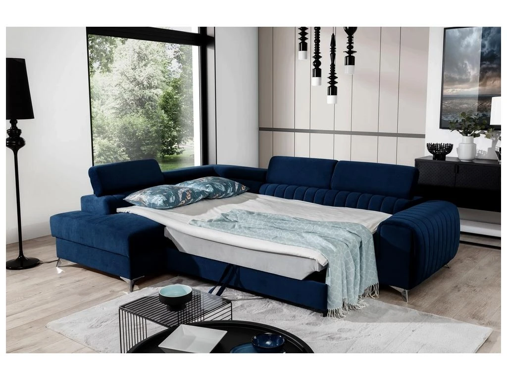 Canapé D'angle Convertible - LARRY VELOURS - En Tissu Luxe Bleu, 5 Places, Angle Gauche (vu De Face) 3 Canapé D'angle Convertible - LARRY VELOURS - En Tissu Luxe Bleu, 5 Places, Angle Gauche (vu De Face) – Image 3