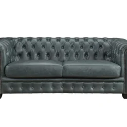 Canapé Chesterfield 3 Places BRENTON 100% Cuir De Buffle Premium - Vert De Gris