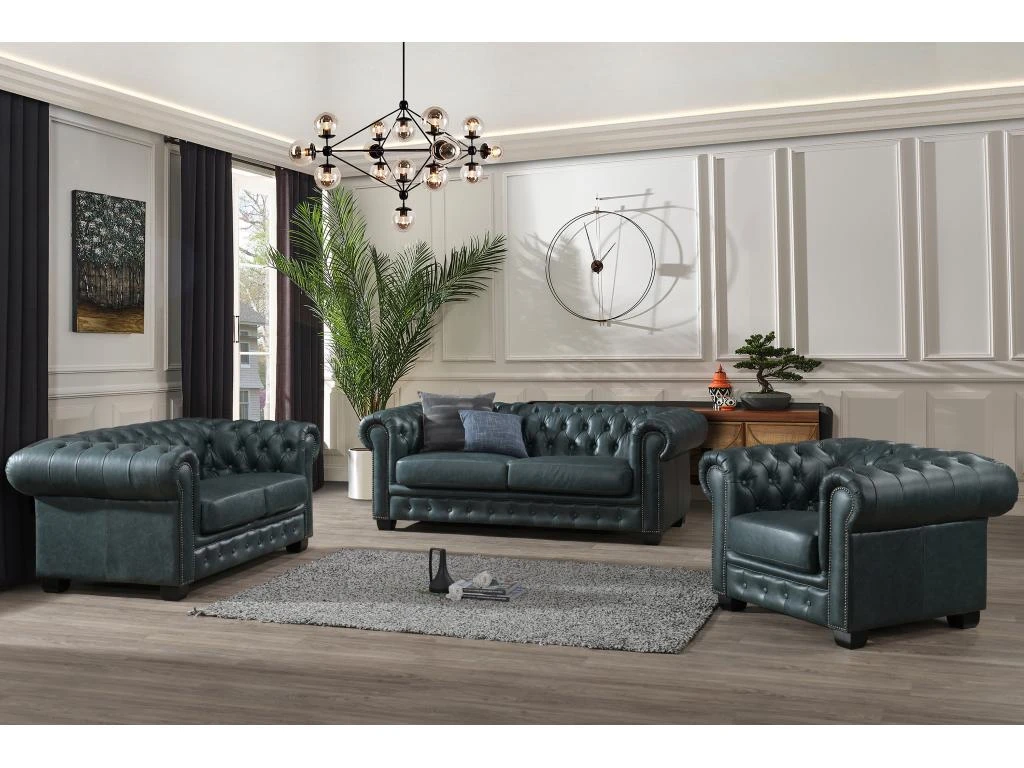 Canapé Chesterfield 3 Places BRENTON 100% Cuir De Buffle Premium - Vert De Gris 3 Canapé Chesterfield 3 Places BRENTON 100% Cuir De Buffle Premium - Vert De Gris – Image 3
