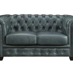 Canapé Chesterfield 2 Places BRENTON 100% Cuir De Buffle Premium - Vert De Gris