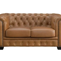 Canapé Chesterfield 2 Places BRENTON 100% Cuir De Buffle Premium - Caramel Vintage