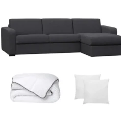 Ensemble Canapé D'angle Convertible Réversible Express En Tissu FLAVIEN Anthracite Avec Couette 220 X 240 Et 2 Oreillers