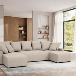 Canapé D'angle Panoramique Convertible En Tissu Beige LADAZIA