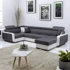 Canapé Panoramique Convertible EMPERO U Blanc Et Gris En Tissu Et Simili