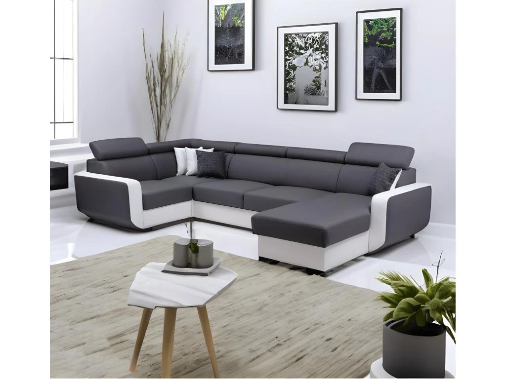 Canapé Panoramique Convertible EMPERO U Blanc Et Gris En Tissu Et Simili 1 Canapé Panoramique Convertible EMPERO U Blanc Et Gris En Tissu Et Simili