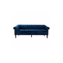 Canapé Fixe 3 Places Chesterfield - Velours Bleu Pétrole Et Pieds En Bois - L 203,5 X P 80,5 X H 80 Cm - LIAM