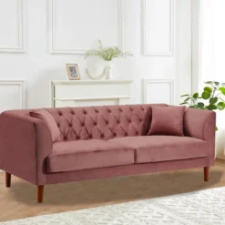 Canapé 3 Places Chesterfield En Velours Rose Pastel ARSENE